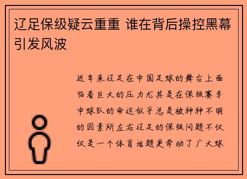 辽足保级疑云重重 谁在背后操控黑幕引发风波